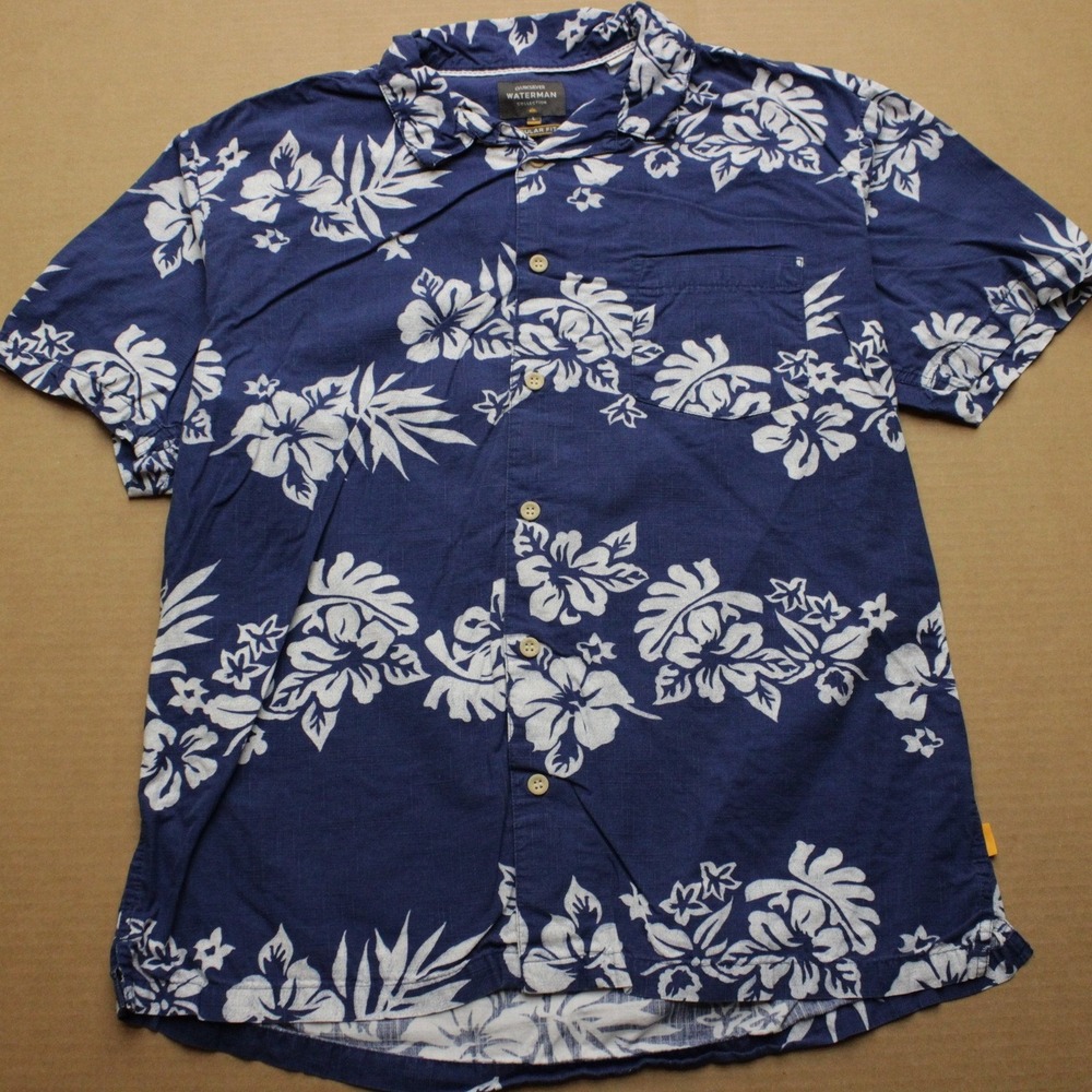 Quiksilver Waterman Collection Hawaiian Shirt Mens L Blue Floral Ripstop Camp
